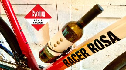 A bottle of wine in a bottle cage, with the 'Ask a Coach' roundel