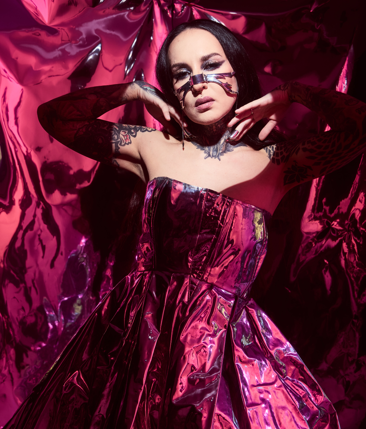 Tatiana in a stunning shiny violet dress