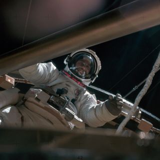 Owen Garriott performs the first of three spacewalks outside of the Skylab orbital workshop on Aug. 6, 1973.