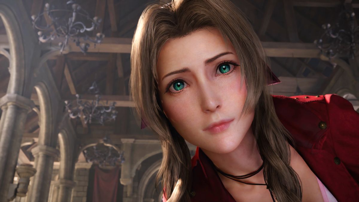 Final Fantasy 7 Remake screenshot showing Aerith staring ahead, a concerned expression on the young woman&#039;s face