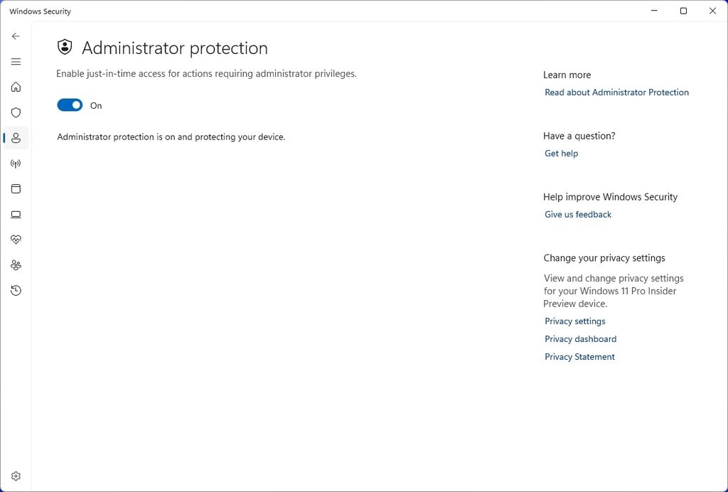 Windows Security app showing the Administrator protection feature.
