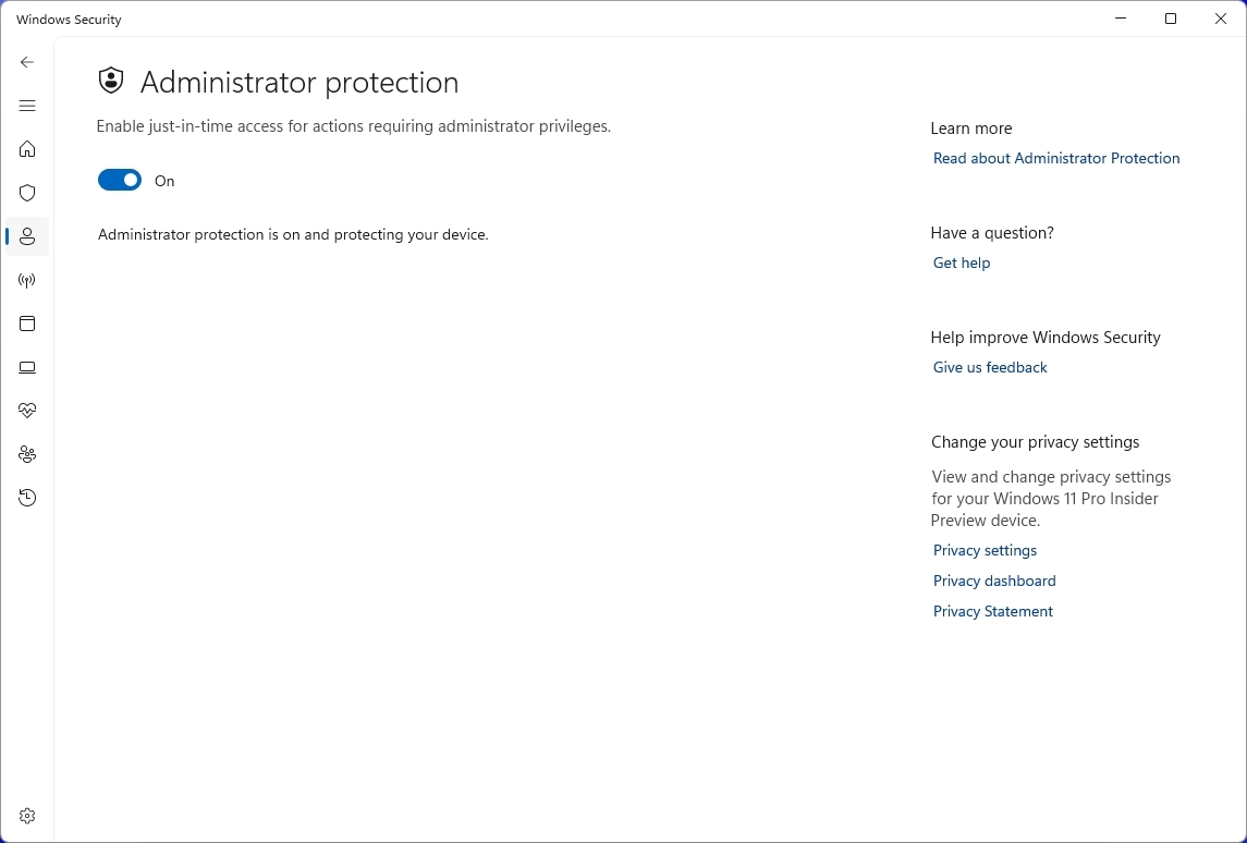 Windows Security app showing the Administrator protection feature.