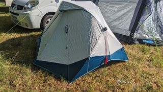 Decathlon 2 Man Blackout Tent set up in a field