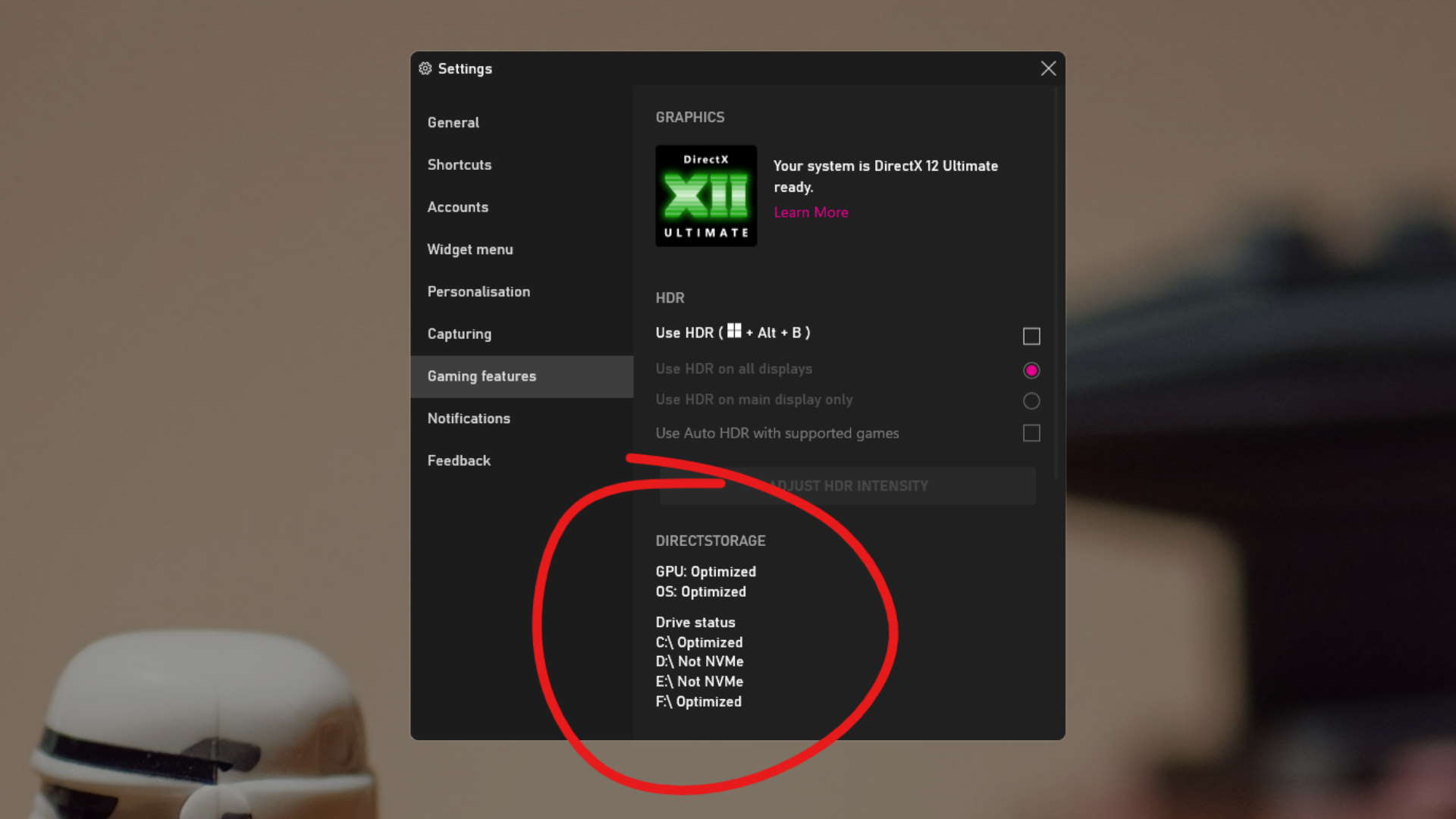 Microsoft Game Bar settings highlighting DirectStorage support