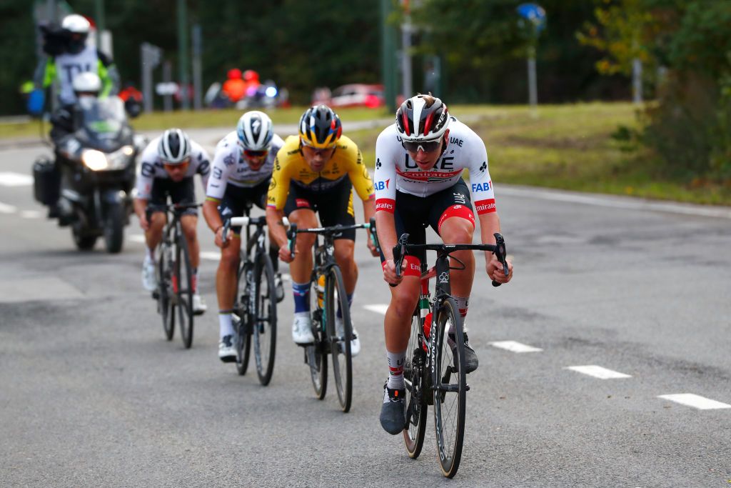 LIEGE BELGIUM OCTOBER 04 Tadej Pogacar of Slovenia and UAE Team Emirates Primoz Roglic of Slovakia and Team JumboVisma Marc Hirschi of Switzerland Team Sunweb Julian Alaphilippe of France and Team Deceuninck QuickStep World Champion Jersey Breakaway during the 106th Liege Bastogne Liege 2020 Men Elite a 257km race from Liege to Liege LBL classiquesardennes on October 04 2020 in Liege Belgium Photo by Bas CzerwinskiGetty Images