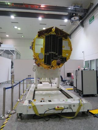 The NASA experiment after installation: The array is mounted on the top of the spacecraft; it's visible at lower left, at about the 7 o'clock position.