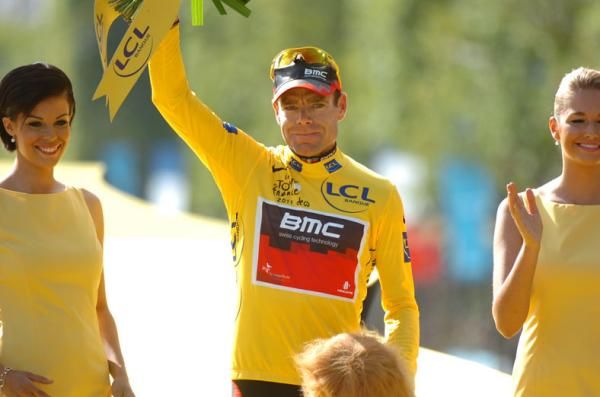Cadel Evans (BMC) atop the podium.