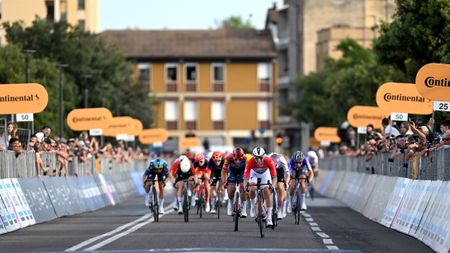 Lorena Wiebes of Netherlands and Team SD Worx - Protime, Elisa Balsamo of Italy and Team Lidl - Trek, Lara Gillespie of Ireland and UAE Team ADQ sprint at finish line during the 37th Giro d'Italia Women 2026