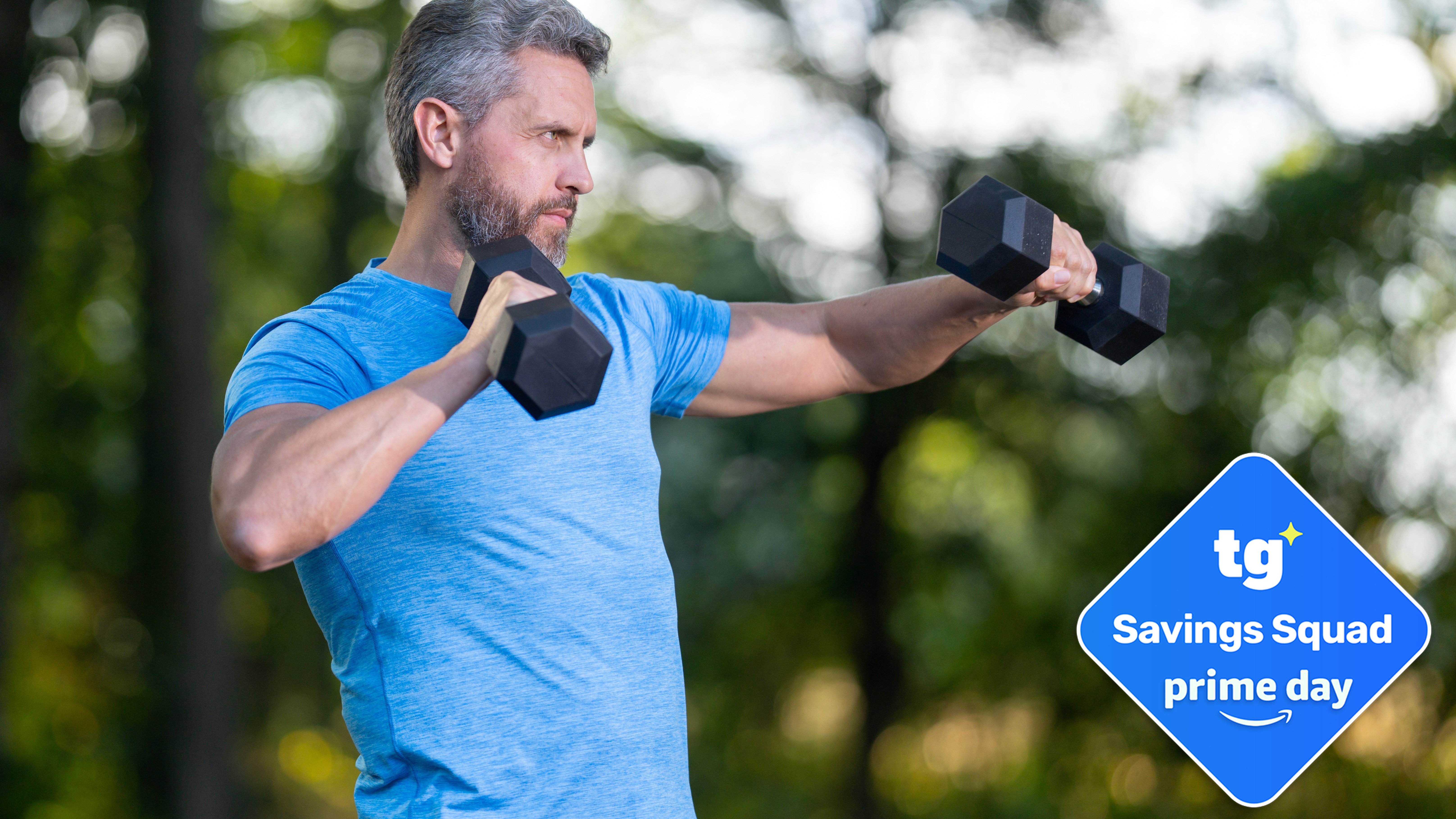 Male in blue t-shirt holding dumbbells outdoors during workout; bottom right, TG savings badge