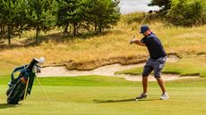 Nick Bonfield hitting a 7-wood, his favourite club, at Centurion Golf Club 