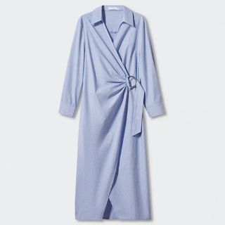 shirt dress in blue and white stripe with knot front