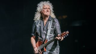 Brian May of Queen performs during the "We Will Rock You" musical premiere at Stage Palladium Theater on October 17, 2025 in Stuttgart, Germany.