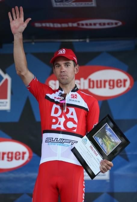 Lachlan Norris (Drapac) on the podium after being given a special award by the local organizing committee after stage one of the USA Pro Challenge