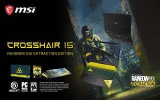 laptop against yellow and dark background, videogame title text
