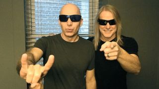 Joe Satriani and Steve Morse, photographed backstage at the Tower Theater, Upper Darby, PA, Sept. 28, 2013