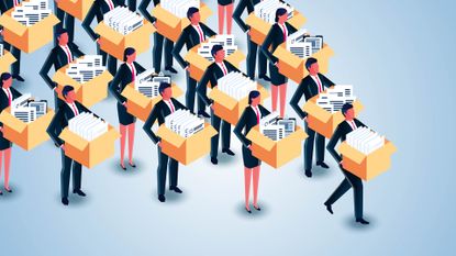 Ai layoffs concept image showing white-collar workers walking in unison with boxes filled with paperwork and personal belongings. 