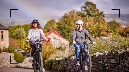woman and man riding bikes in the countryside