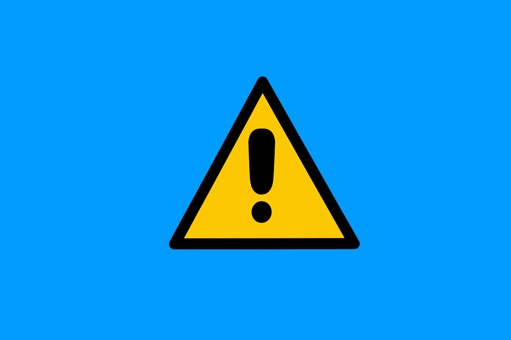 Warning sign with yellow and black triangle with exclamation mark, on blue background. Danger, risk, caution, attention, road sign and care concept.