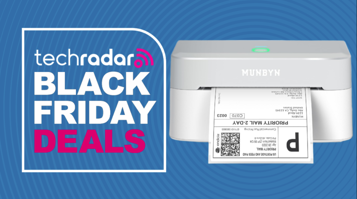 MUNBYN Bluetooth Thermal Label Printer RW403B on a blue background next to a TechRadar badge reading 'Black Friday deals'