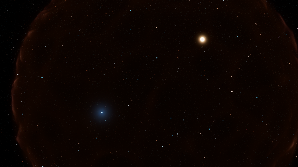 A dark image of space with some stars speckled. There are two glowing orbs. One is yellow and the other is blue. They are quite separated.