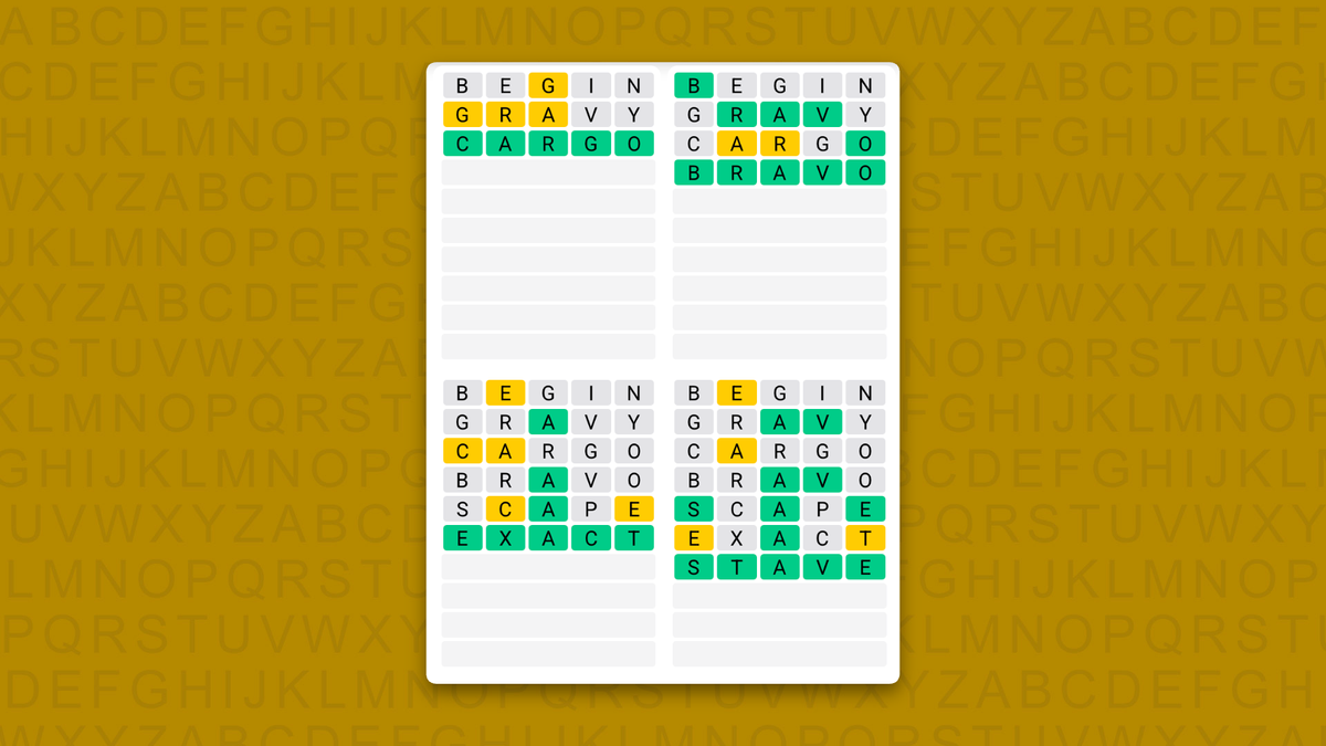 Quordle Daily Sequence answers for game 1720 on a yellow background