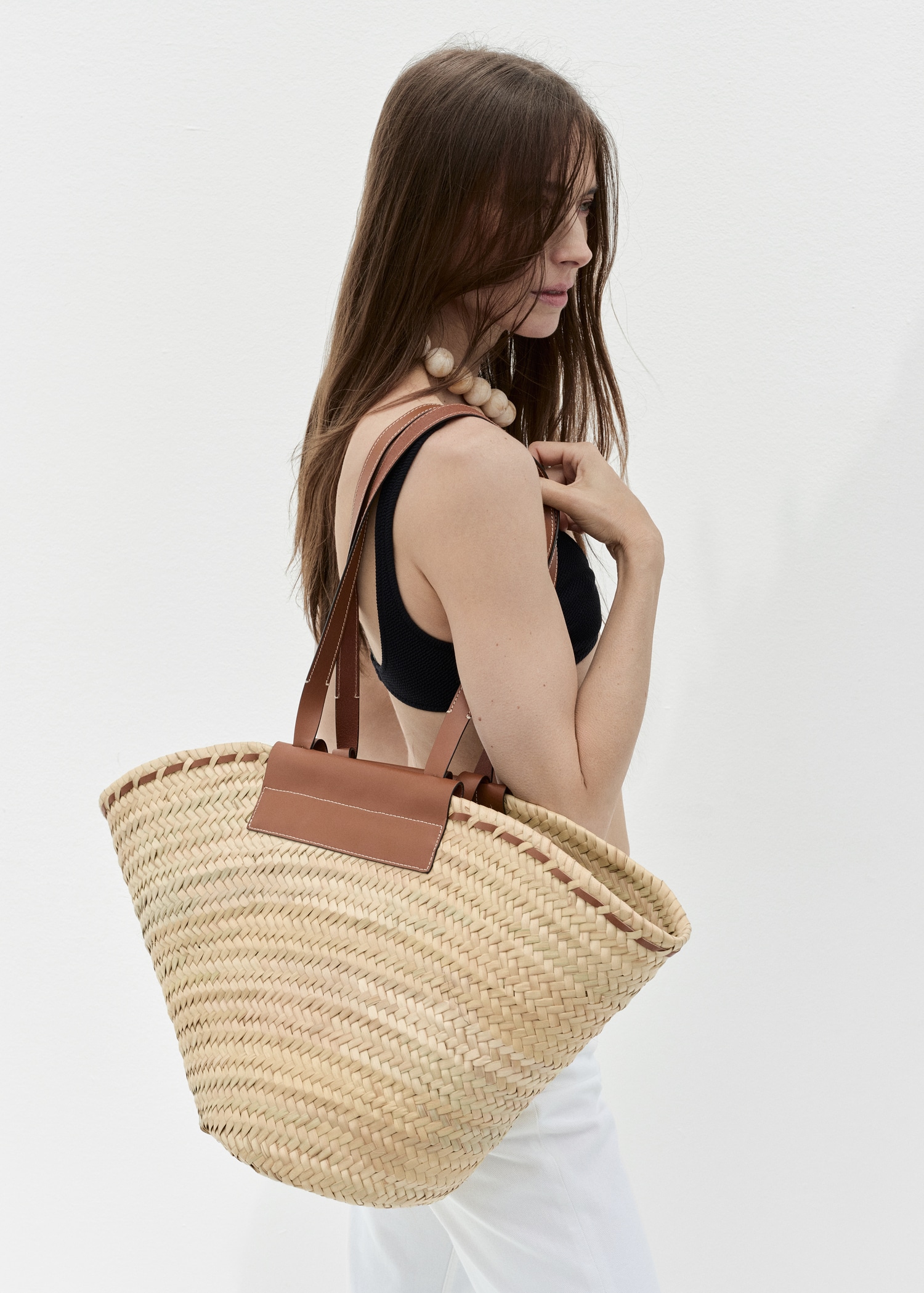 Large Natural Fibre Basket With Leather Handle - Women | Mango United Kingdom