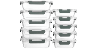 A 10-piece set of glass locking storage containers.