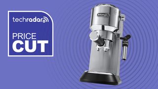 De'Longhi Dedica Style coffee maker on purple background with white text reading 'TechRadar price cut'