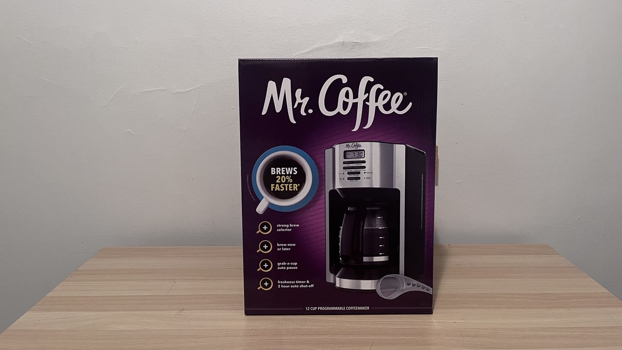the Mr. Coffee 12 Cup Programmable Coffee Maker in a box