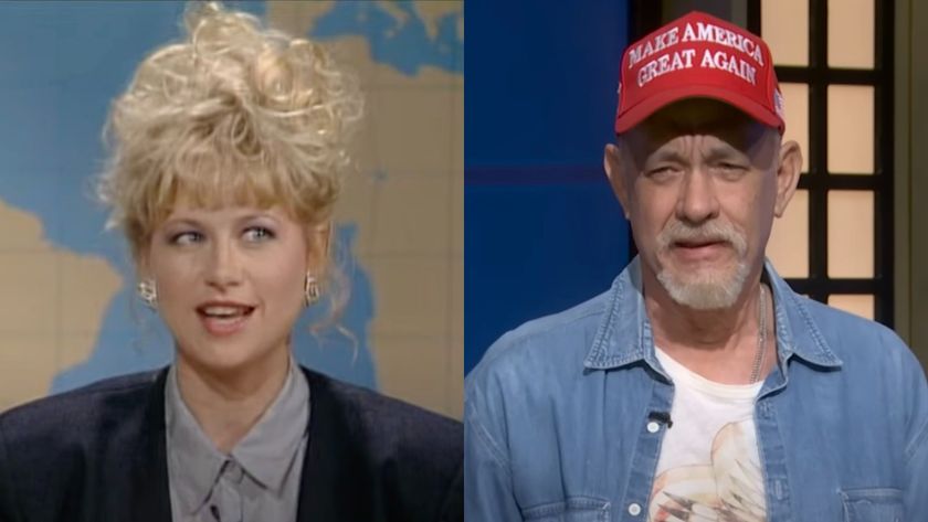 Victoria Jackson speaks on Weekend Update, while Tom Hanks plays Doug during Black Jeopardy!