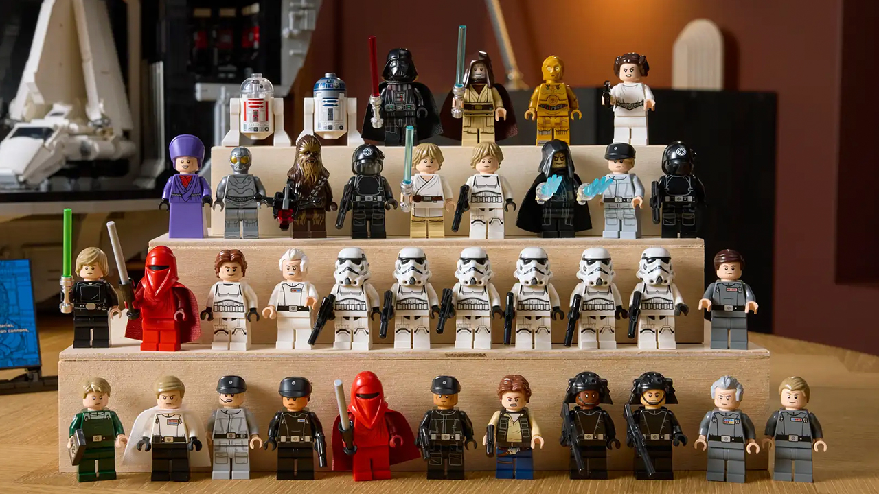 All of the minifigs with the Star Wars Death Star from LEGO on display