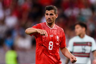 Remo Freuler of Switzerland gestures during the UEFA Nations League League A Group 2 match between Switzerland and Portugal at Stade de Geneve on June 12, 2022 in Geneva, Switzerland.