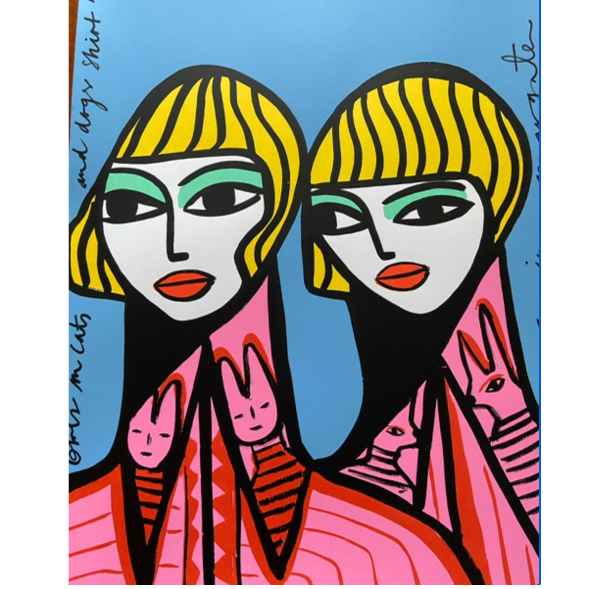 abstract painting of two blonde figures with pink shirts on a blue background