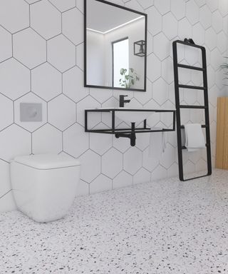 White bathroom with black framed mirror idea and ladder