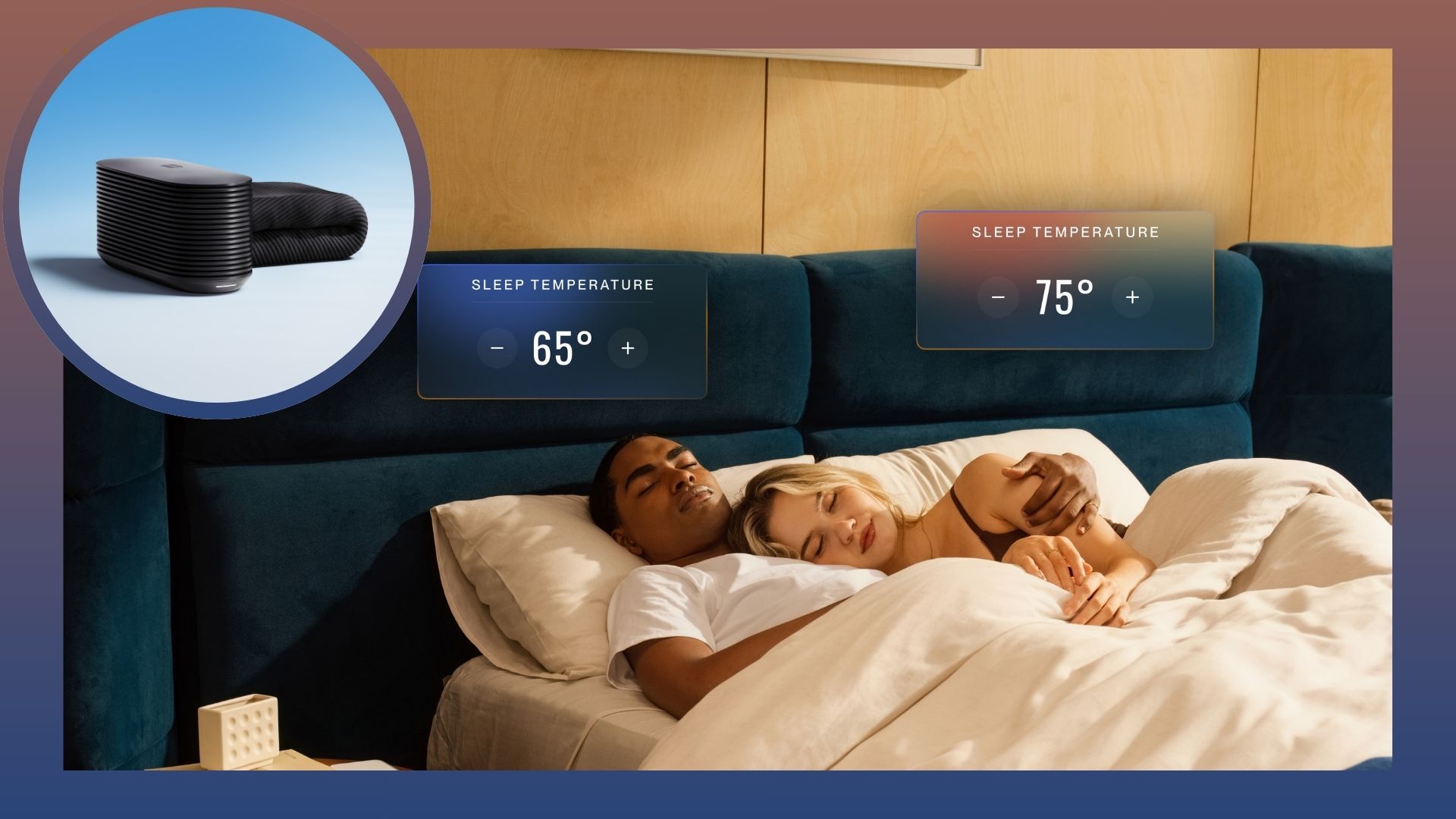 A man and woman sleep cuddled up on the new Eight Sleep Pod 6 smart mattress cover