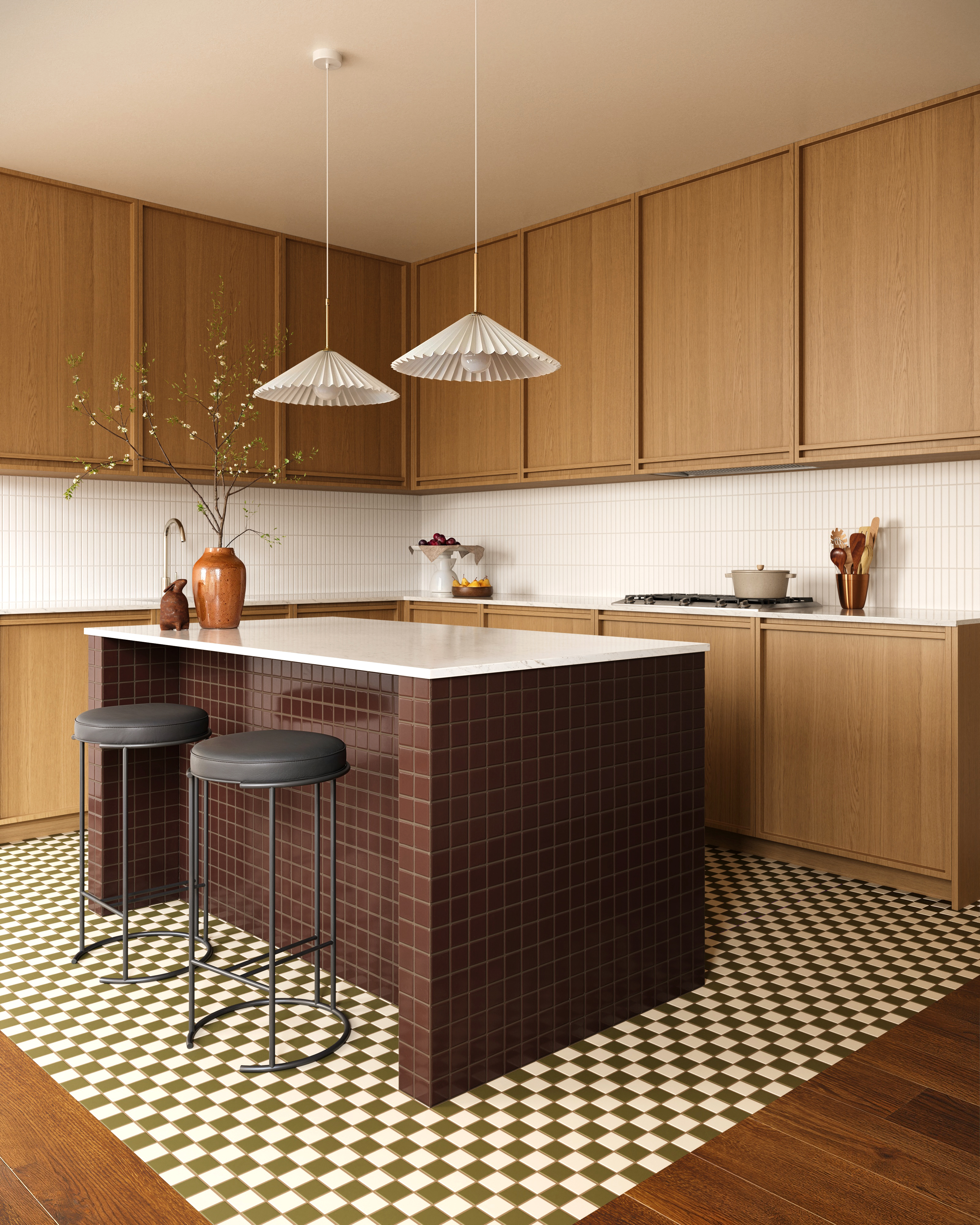 small kitchen with wooden cabinets, a tile island, and a checkerboard tile rug beneath