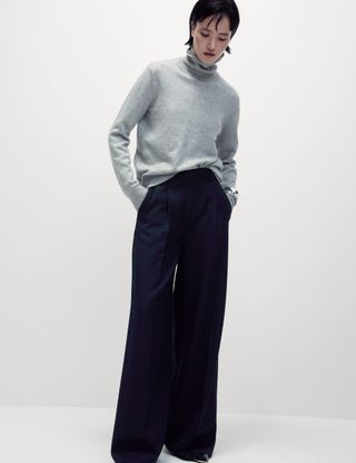 Wool Blend Tailored Wide Leg Trousers