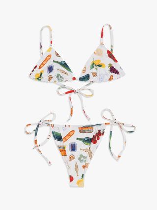 white bikini with food and other grocerries printed on it in a cool pattern
