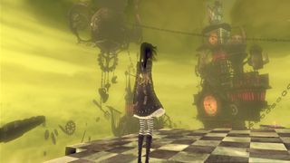 Alice: Madness Returns - Alice on a chessboard platform staring out into the distance