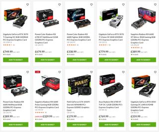 Screenshot of Overclockers UK website with graphics card search term showing many GPUs in stock