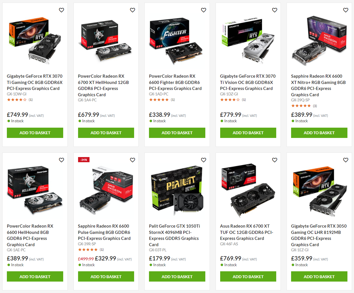 Screenshot of the Overclockers UK website with a graphics card search term showing many GPUs in stock