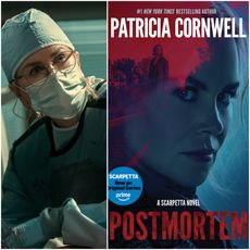 nicole kidman wearing scrubs and a mask in the tv show scarpetta and a split image with the cover of the postmortem book 