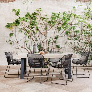 A wooden outdoor table with black chairs in front of a wall with grape vines growing up it