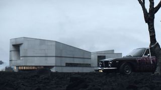 Archviz: Concrete building exterior behind a car and tree