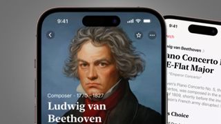 Two phones on a grey background showing the Apple Music Classical app