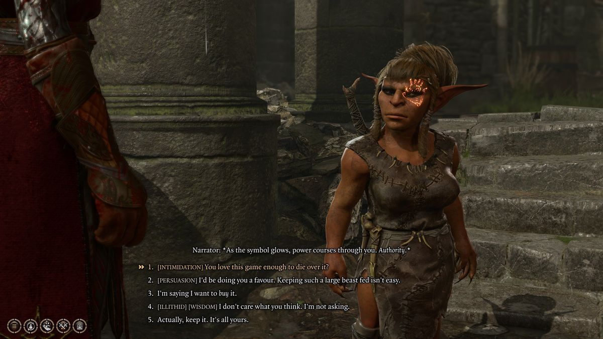 Baldur's Gate 3 - A dialogue with Krolla the goblin with options for checks to convince her to give up the owlbear cub.