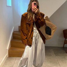 @denisechristensenbc wears balloon trousers and suede jacket