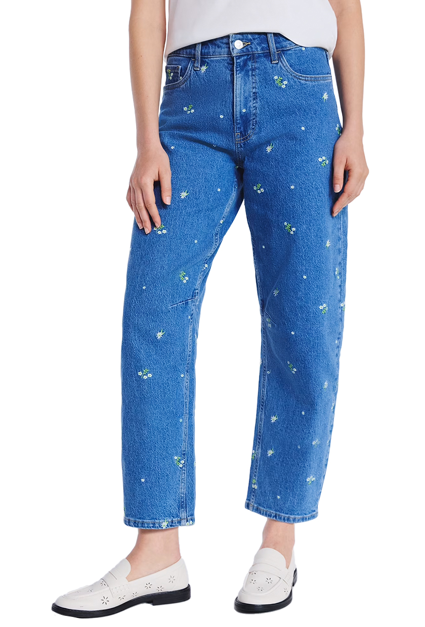 Free Assembly, Embroidered Mid Rise Cropped Barrel Jeans