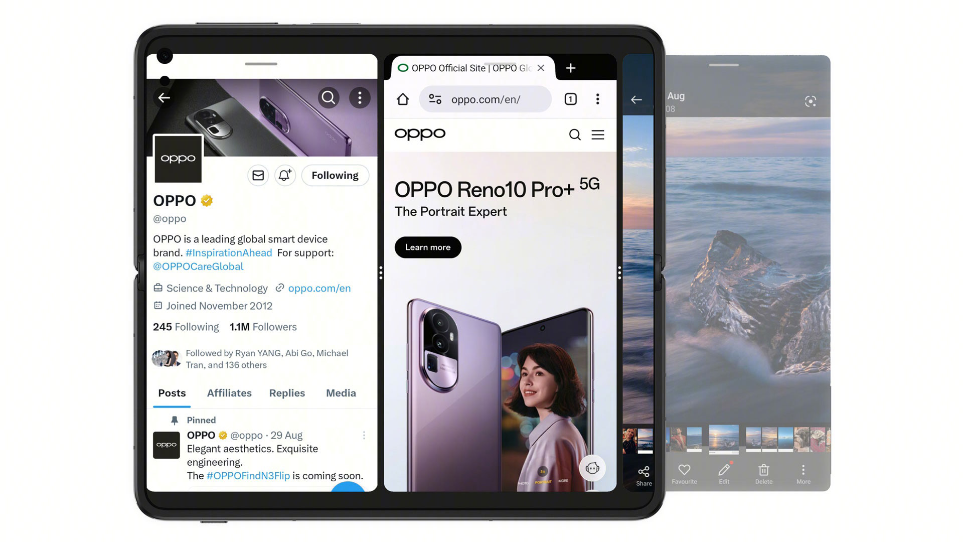 Oppo's X page viewed on the opened screen of the Find N3 foldable phone