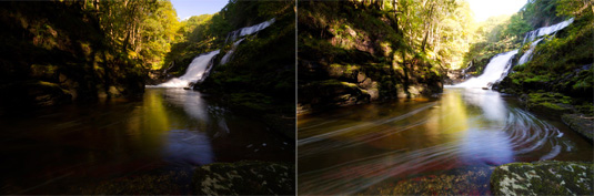 Two images of the waterfall and pool, one darker and one lighter